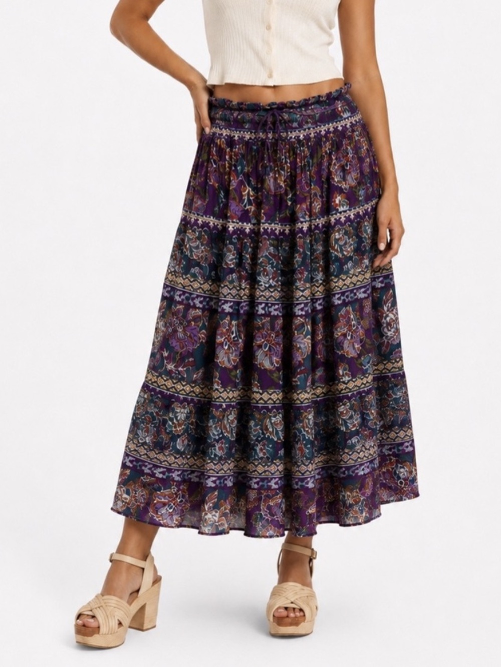 Vintage 90s Principles India Cotton Bohemian Paisley Floral Skirt O/S 12”-23” W